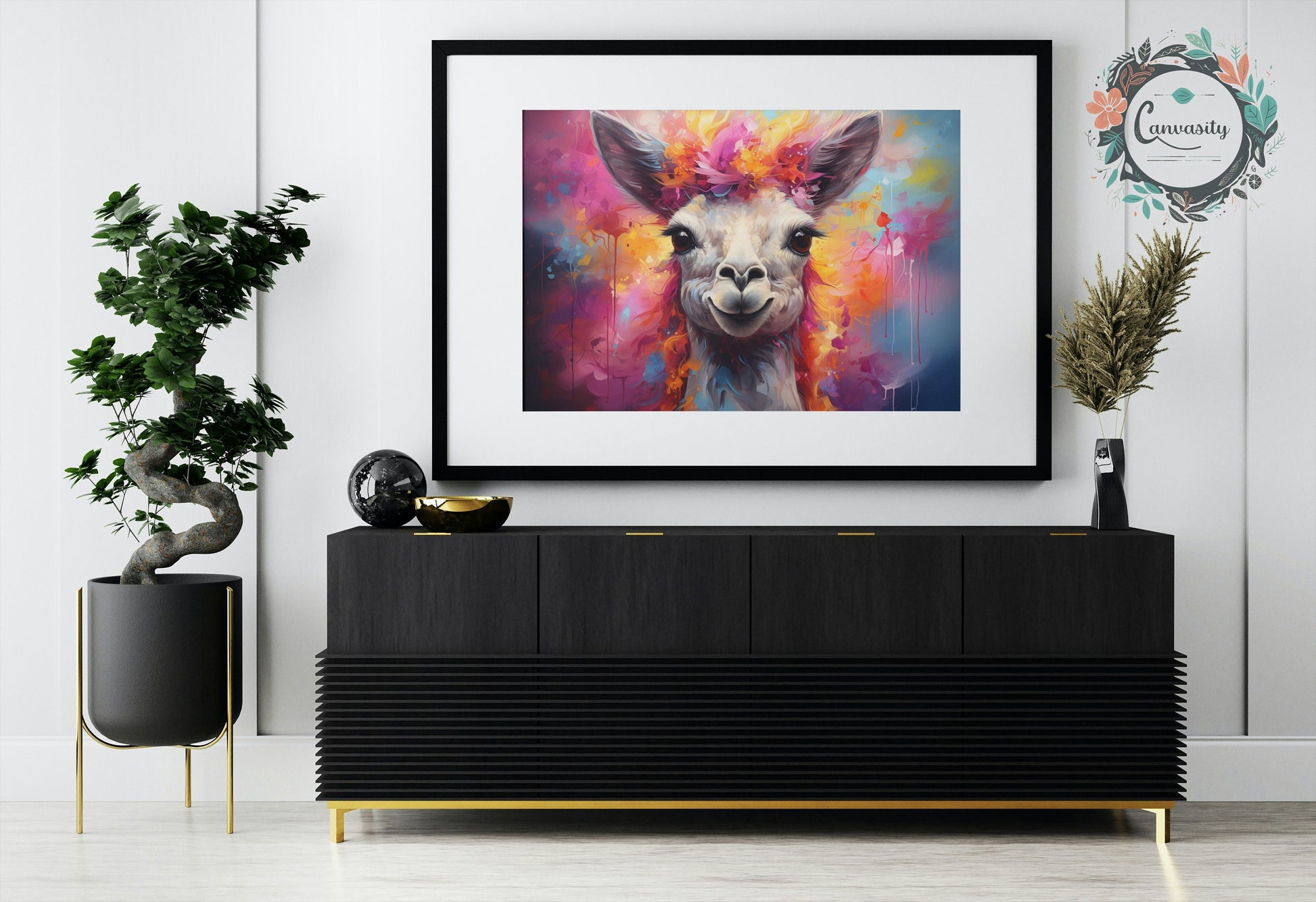 Floral Llama Print - Colorful Flowers Animal Wall Art Painting Poster, Farmer Gift, Alpaca Funny Farm Decor - CanvasityCrafts - Free Shipping