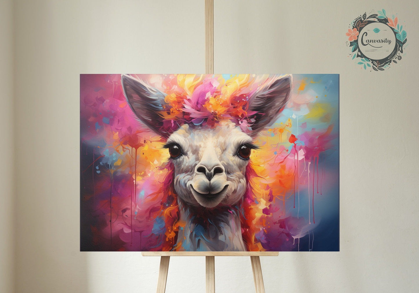 Floral Llama Print - Colorful Flowers Animal Wall Art Painting Poster, Farmer Gift, Alpaca Funny Farm Decor - CanvasityCrafts - Free Shipping