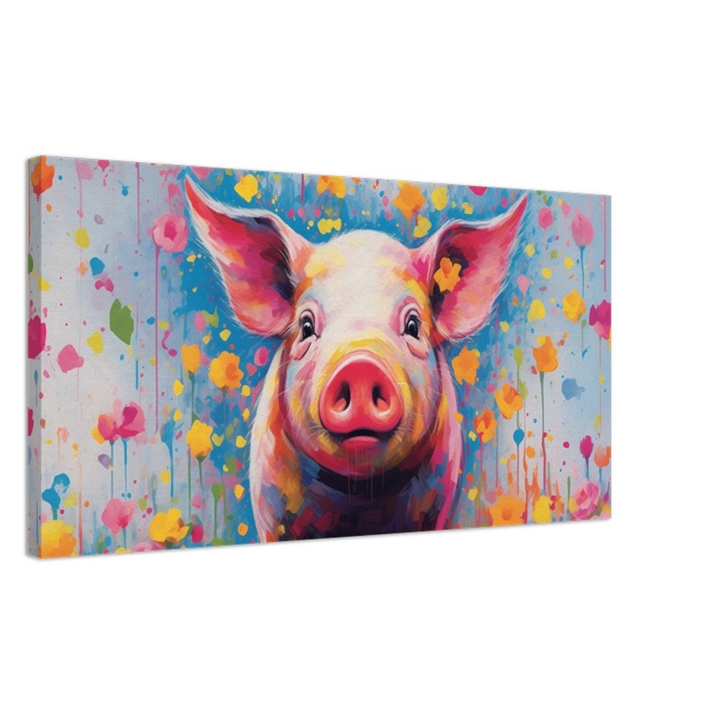 Colorful Pig Canvas Gallery Wrapped Wall Art Print Picture for Farmers, Farm Home Office Painting, Living Room Decor, Dad, Mom, Panoramic - CanvasityCrafts - Free Shipping