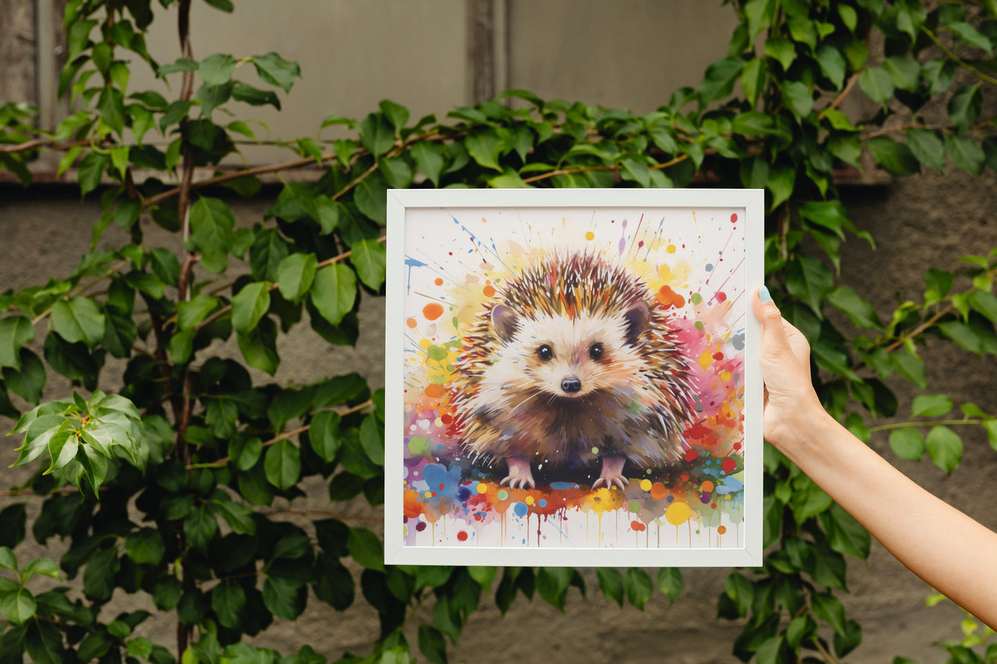 Happy Hedgehog Cute Print Square / Landscape. Colorful Poster Gift, Woodland Critter Painting, Colourful garden creatures wall art - CanvasityCrafts - Free Shipping