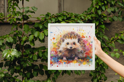 Happy Hedgehog Cute Print Square / Landscape. Colorful Poster Gift, Woodland Critter Painting, Colourful garden creatures wall art - CanvasityCrafts - Free Shipping