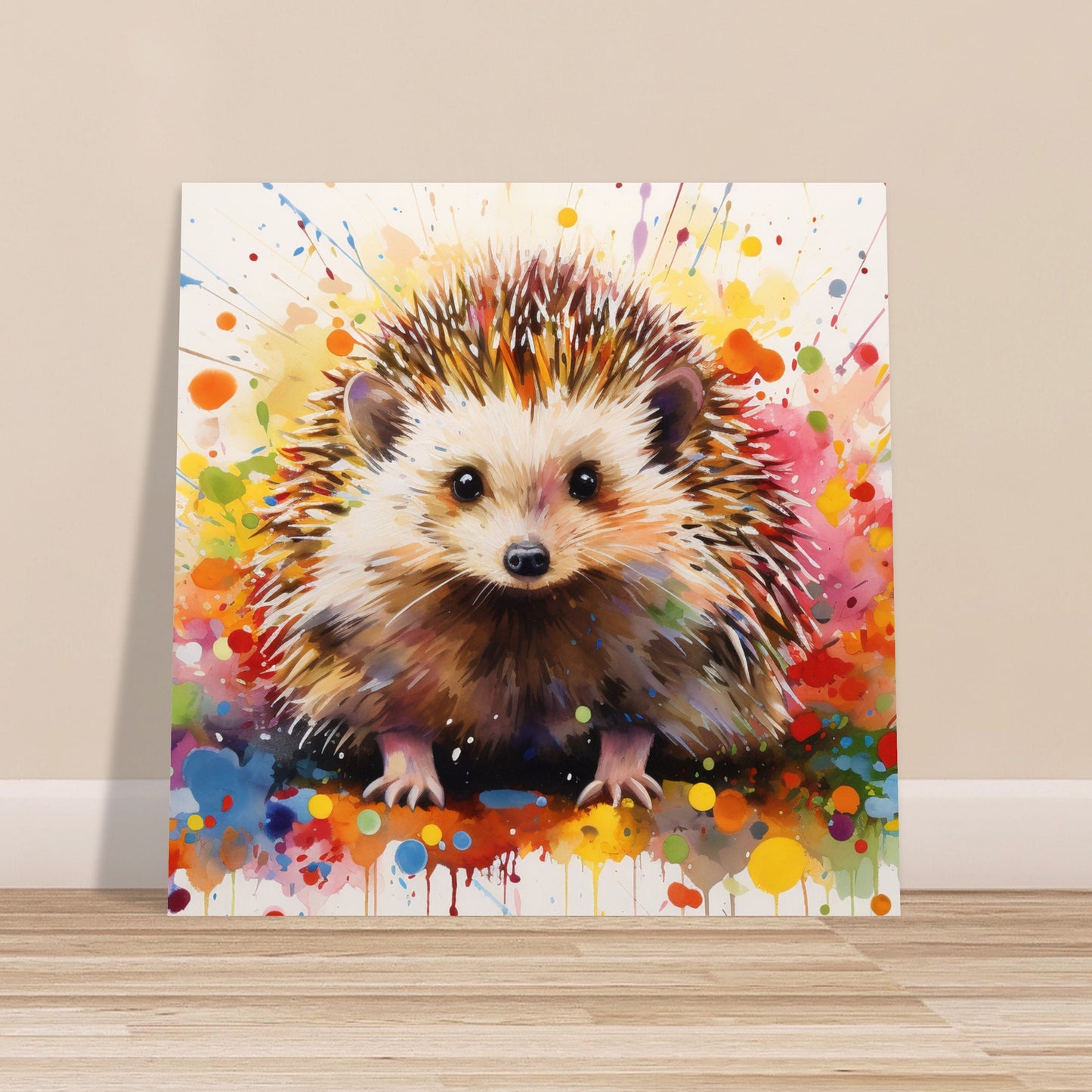 Happy Hedgehog Cute Print Square / Landscape. Colorful Poster Gift, Woodland Critter Painting, Colourful garden creatures wall art - CanvasityCrafts - Free Shipping