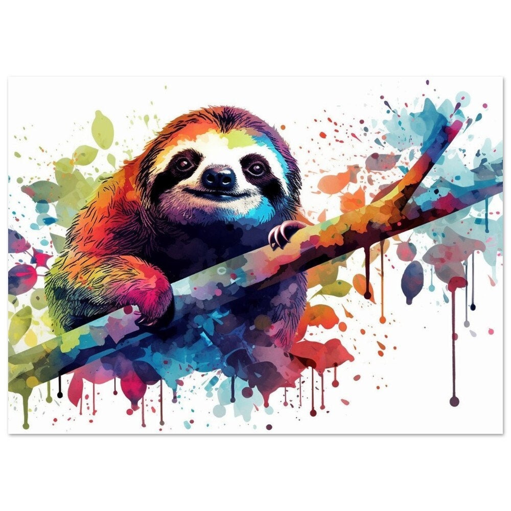 Happy Sloth Poster Print - Colorful Pop art Rainbow Watercolor Painting Gift for 3 Toed Sloth lover. Present for Brother, Sister, Mom, Dad - CanvasityCrafts - Free Shipping