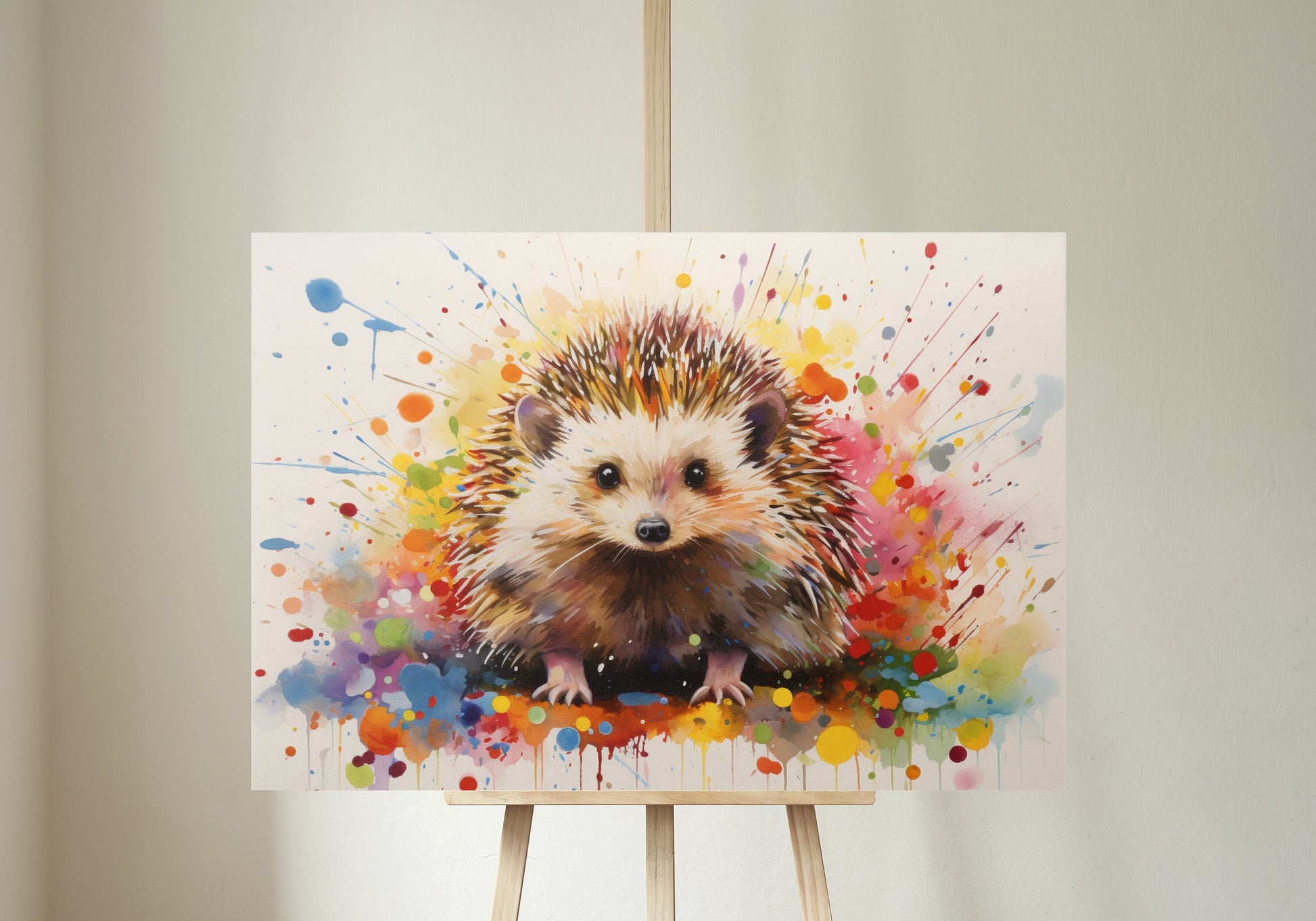 Happy Hedgehog Cute Print Square / Landscape. Colorful Poster Gift, Woodland Critter Painting, Colourful garden creatures wall art - CanvasityCrafts - Free Shipping