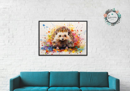 Happy Hedgehog Cute Print Square / Landscape. Colorful Poster Gift, Woodland Critter Painting, Colourful garden creatures wall art - CanvasityCrafts - Free Shipping