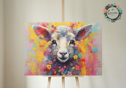 Watercolor Sheep / Lamb Canvas. Wall Art Print Picture for Farmers, Home Office Living Room Decor. Colorful Farm Art, Watercolour Flowers - CanvasityCrafts - Free Shipping