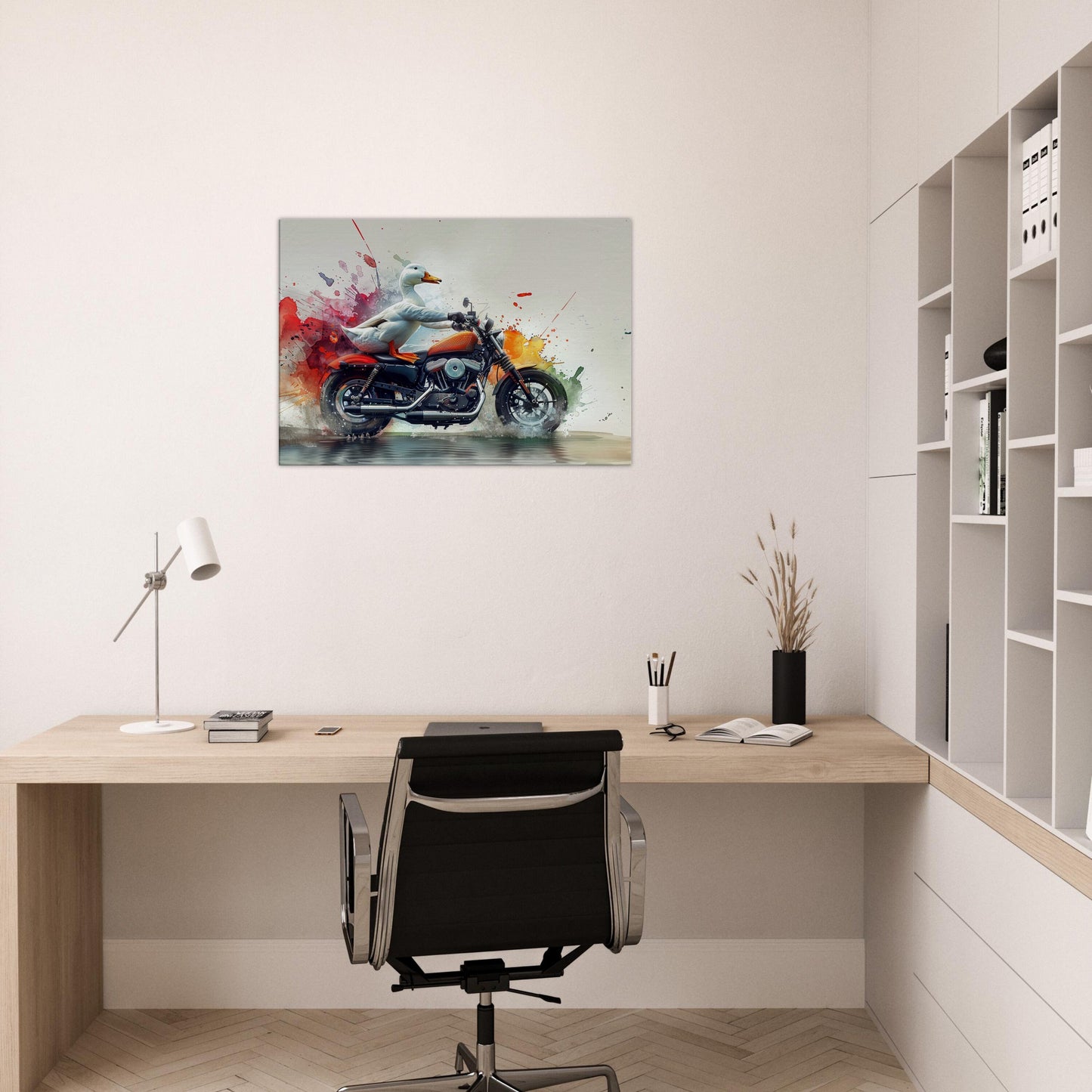 Funny Duck on a Motorbike Canvas Print. Funny Animal Wall Art Gift for Bikers, Motorcycle Owner, Bird Watchers. Paint Splash Painting - CanvasityCrafts - Free Shipping