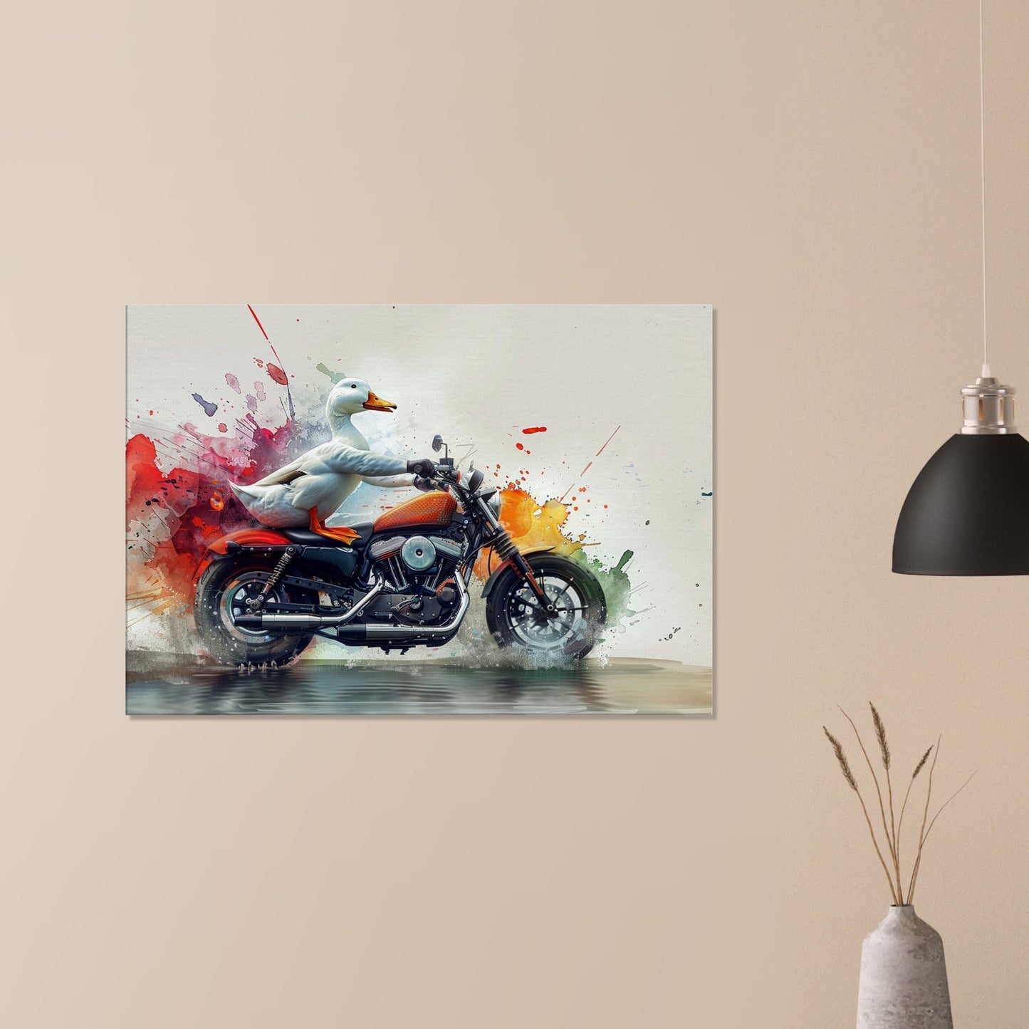 Funny Duck on a Motorbike Canvas Print. Funny Animal Wall Art Gift for Bikers, Motorcycle Owner, Bird Watchers. Paint Splash Painting - CanvasityCrafts - Free Shipping