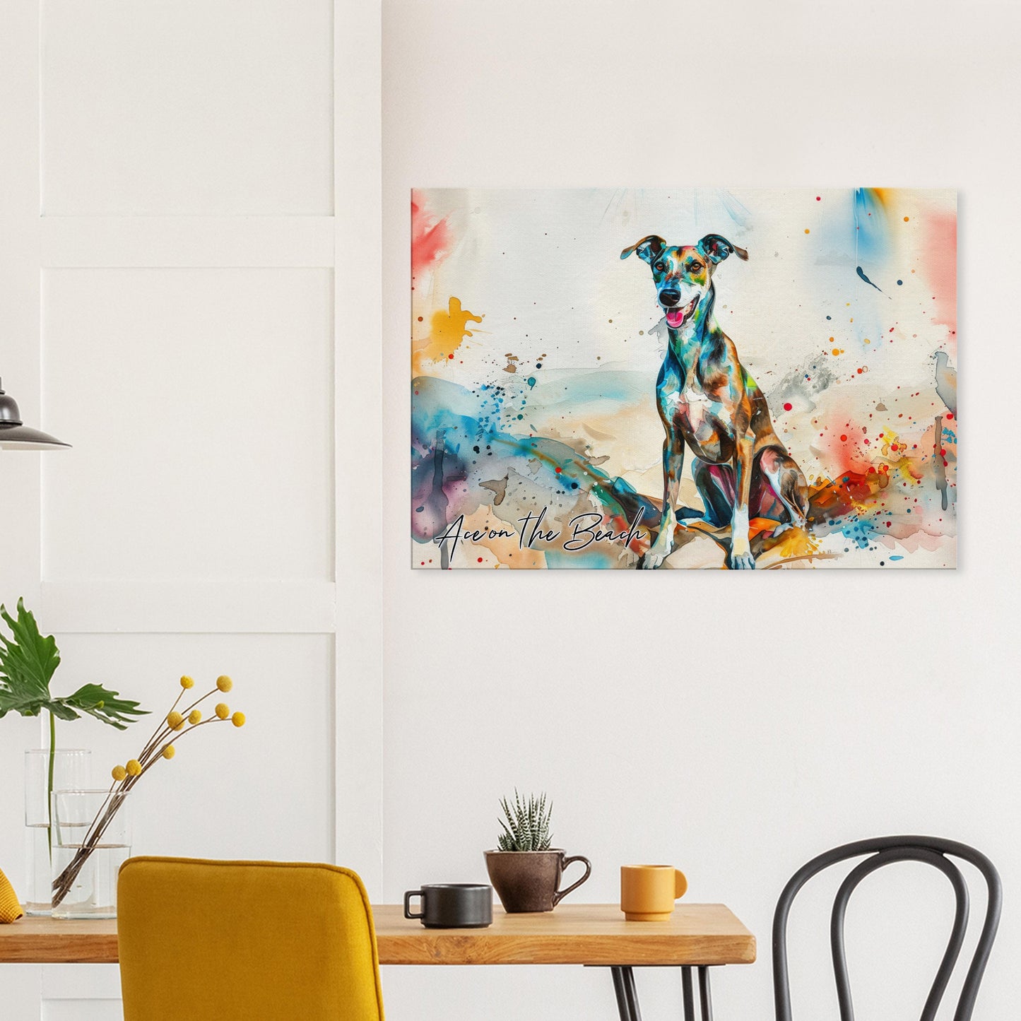 Personalised Greyhound at the Beach Canvas Print. Custom Dog Portrait Name, Mom Dad Gift, Rainbow Watercolour Memorial Paint Splash Painting - CanvasityCrafts - Free Shipping