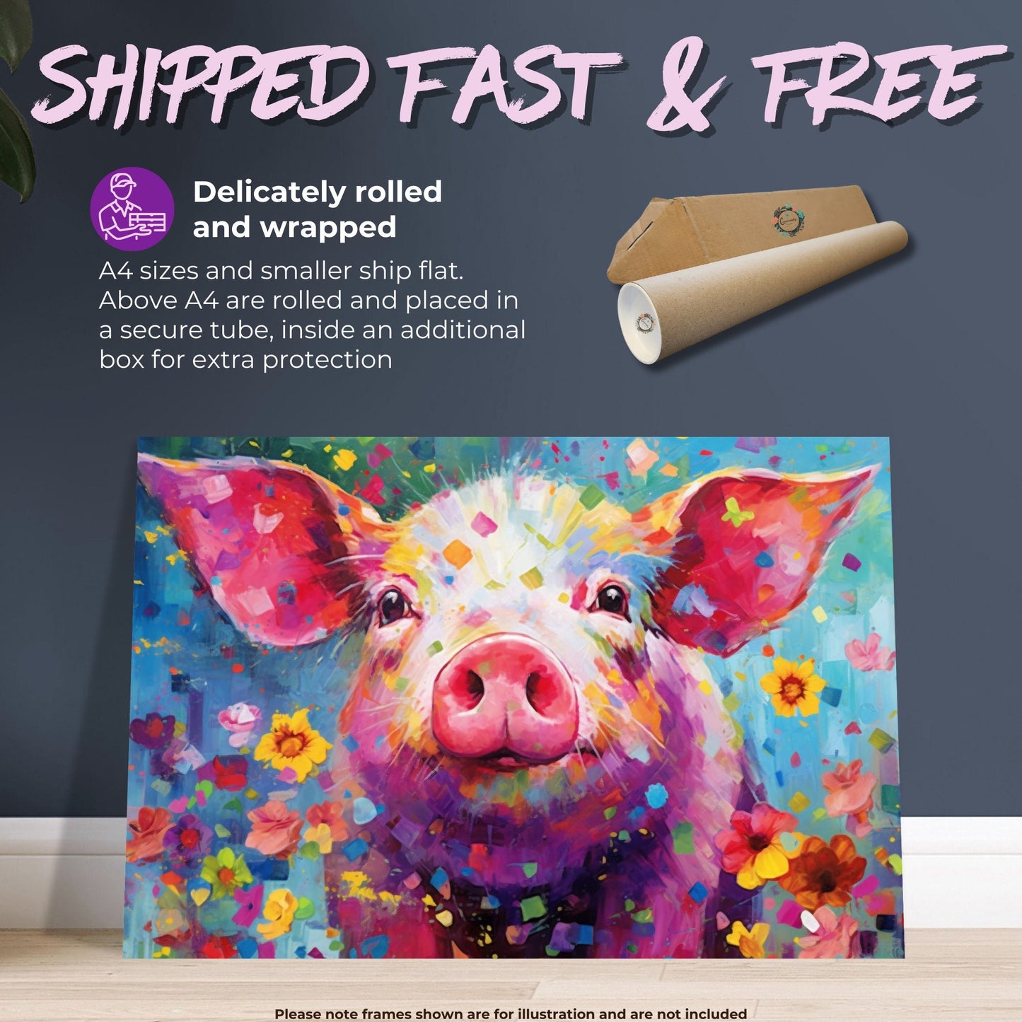 Colorful Pig Poster. Rainbow Animal Wall Art Floral Print. Gift for piglet lover, farmer, mom. Nursery Print, Bedroom Bathroom Office Art - CanvasityCrafts - Free Shipping