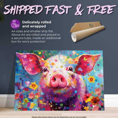 Colorful Pig Poster. Rainbow Animal Wall Art Floral Print. Gift for piglet lover, farmer, mom. Nursery Print, Bedroom Bathroom Office Art - CanvasityCrafts - Free Shipping