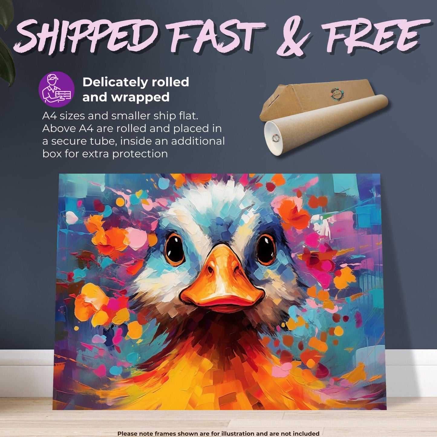 Colorful Baby Duck Poster. Rainbow Animal Wall Art Floral Print. Gift for duckling lover, farmer, mom. Nursery Print, Bathroom Bedroom Art - CanvasityCrafts - Free Shipping