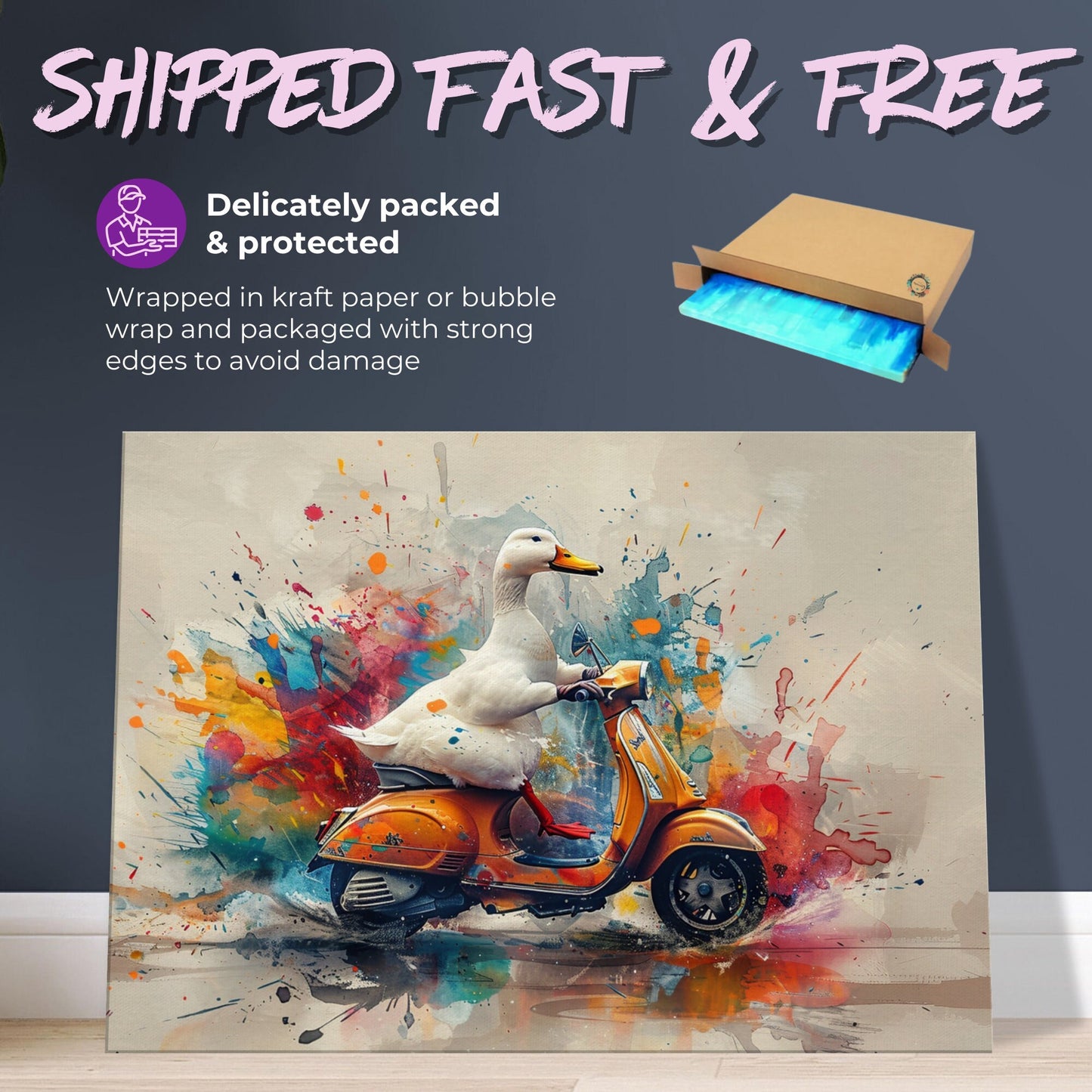 Duck Riding a Moped Canvas Print. Funny Bird Wall Art Gift for Scooter Riders, Avian Decor, Birds with Arms Paint Splash Painting - CanvasityCrafts - Free Shipping