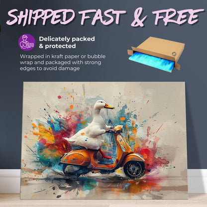 Duck Riding a Moped Canvas Print. Funny Bird Wall Art Gift for Scooter Riders, Avian Decor, Birds with Arms Paint Splash Painting - CanvasityCrafts - Free Shipping