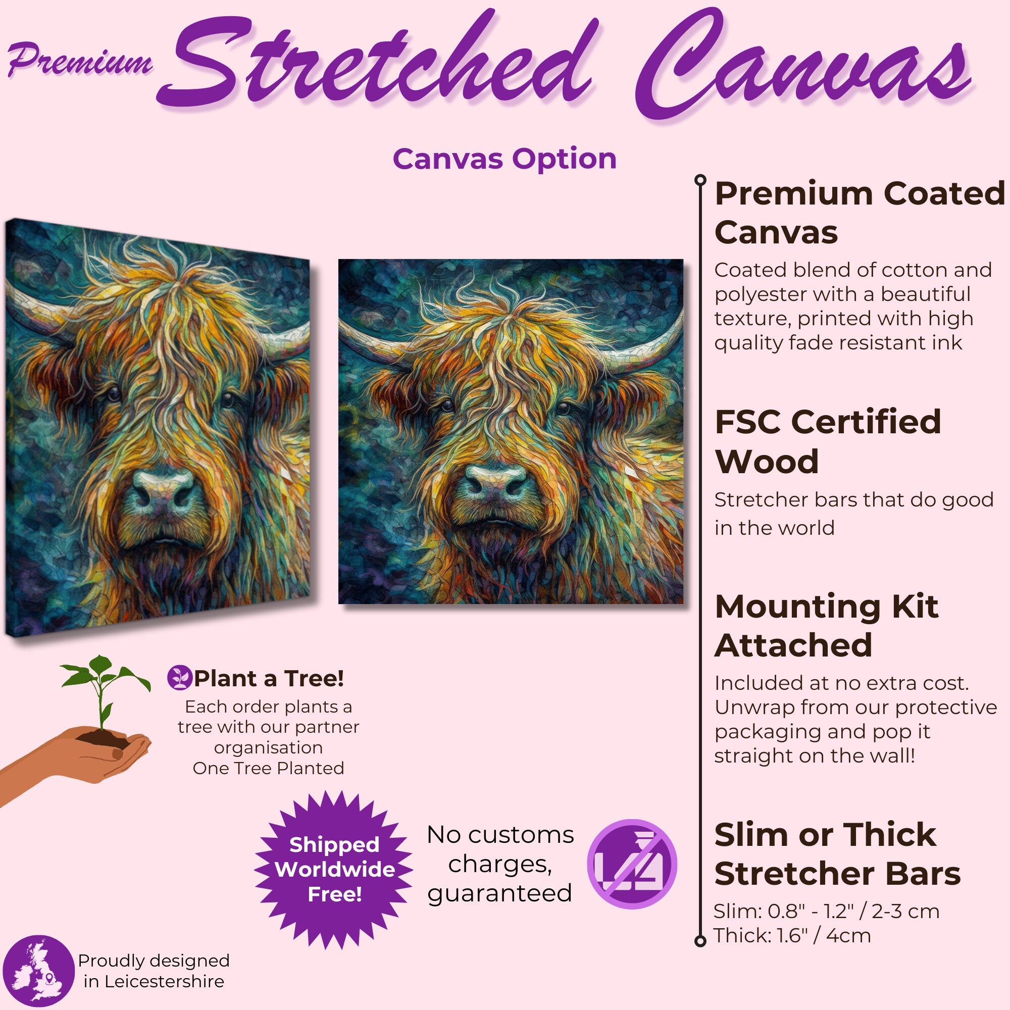 Highland Cow Portrait - Canvas Print, Pine Wooden Frame or Unframed Matte Paper Options - CanvasityCrafts - Free Shipping