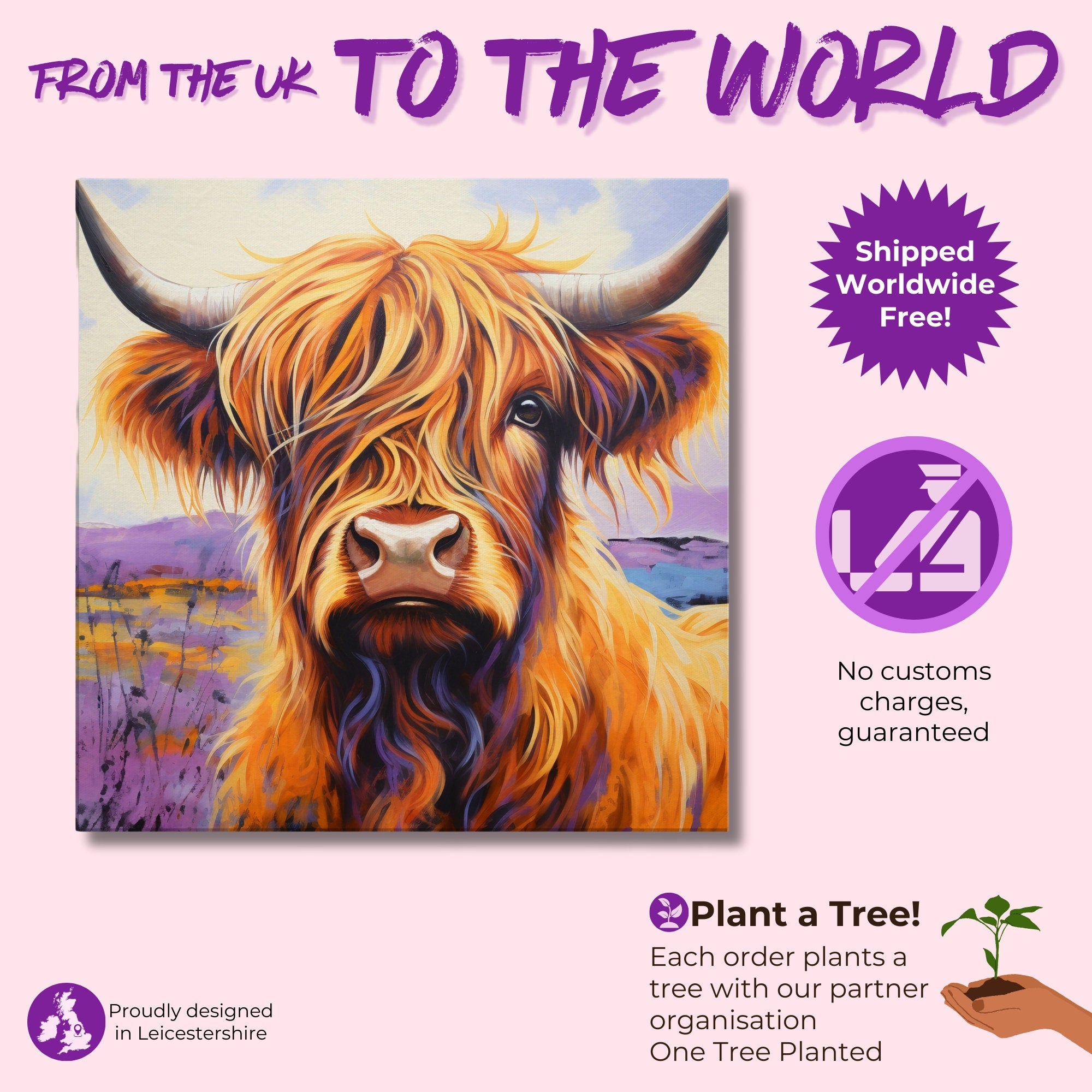 Highland Cow Canvas Print - Square. Lavender Wall Art Painting - CanvasityCrafts - Free Shipping