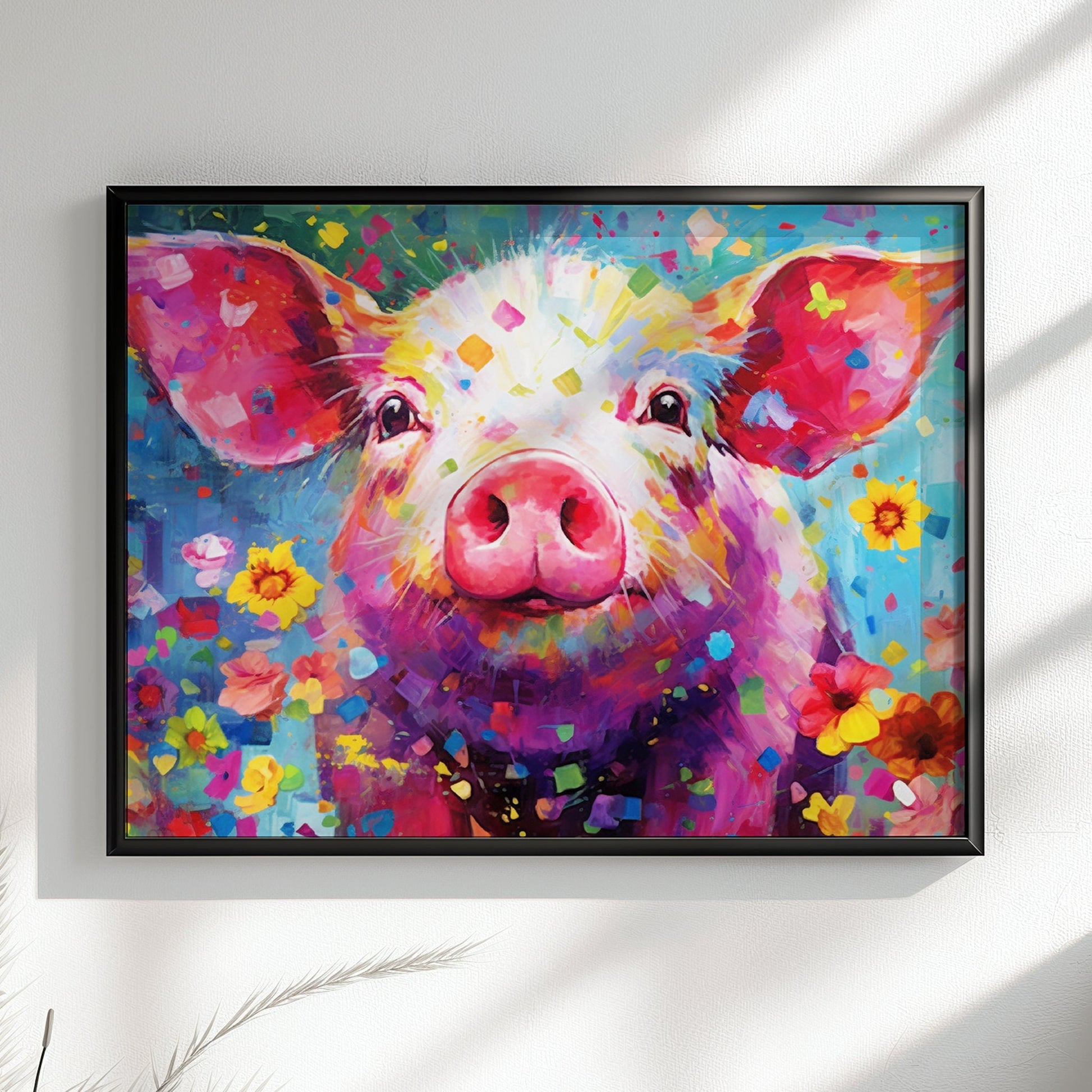 Colorful Pig Poster. Rainbow Animal Wall Art Floral Print. Gift for piglet lover, farmer, mom. Nursery Print, Bedroom Bathroom Office Art - CanvasityCrafts - Free Shipping