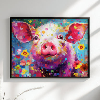 Colorful Pig Poster. Rainbow Animal Wall Art Floral Print. Gift for piglet lover, farmer, mom. Nursery Print, Bedroom Bathroom Office Art - CanvasityCrafts - Free Shipping