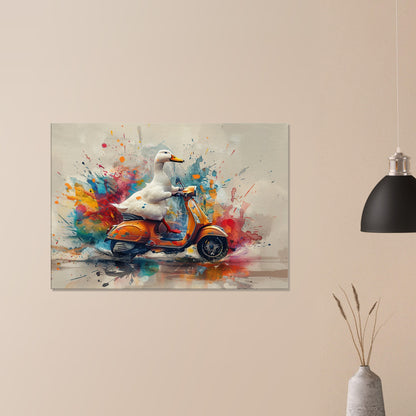 Duck Riding a Moped Canvas Print. Funny Bird Wall Art Gift for Scooter Riders, Avian Decor, Birds with Arms Paint Splash Painting - CanvasityCrafts - Free Shipping