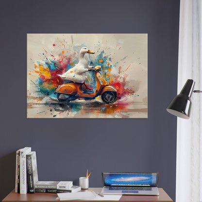 Duck Riding a Moped Canvas Print. Funny Bird Wall Art Gift for Scooter Riders, Avian Decor, Birds with Arms Paint Splash Painting - CanvasityCrafts - Free Shipping