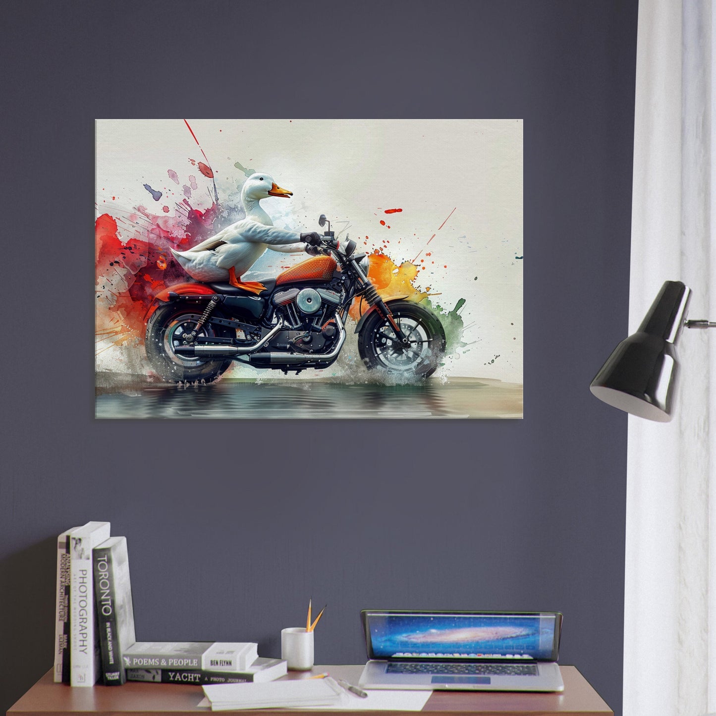 Funny Duck on a Motorbike Canvas Print. Funny Animal Wall Art Gift for Bikers, Motorcycle Owner, Bird Watchers. Paint Splash Painting - CanvasityCrafts - Free Shipping