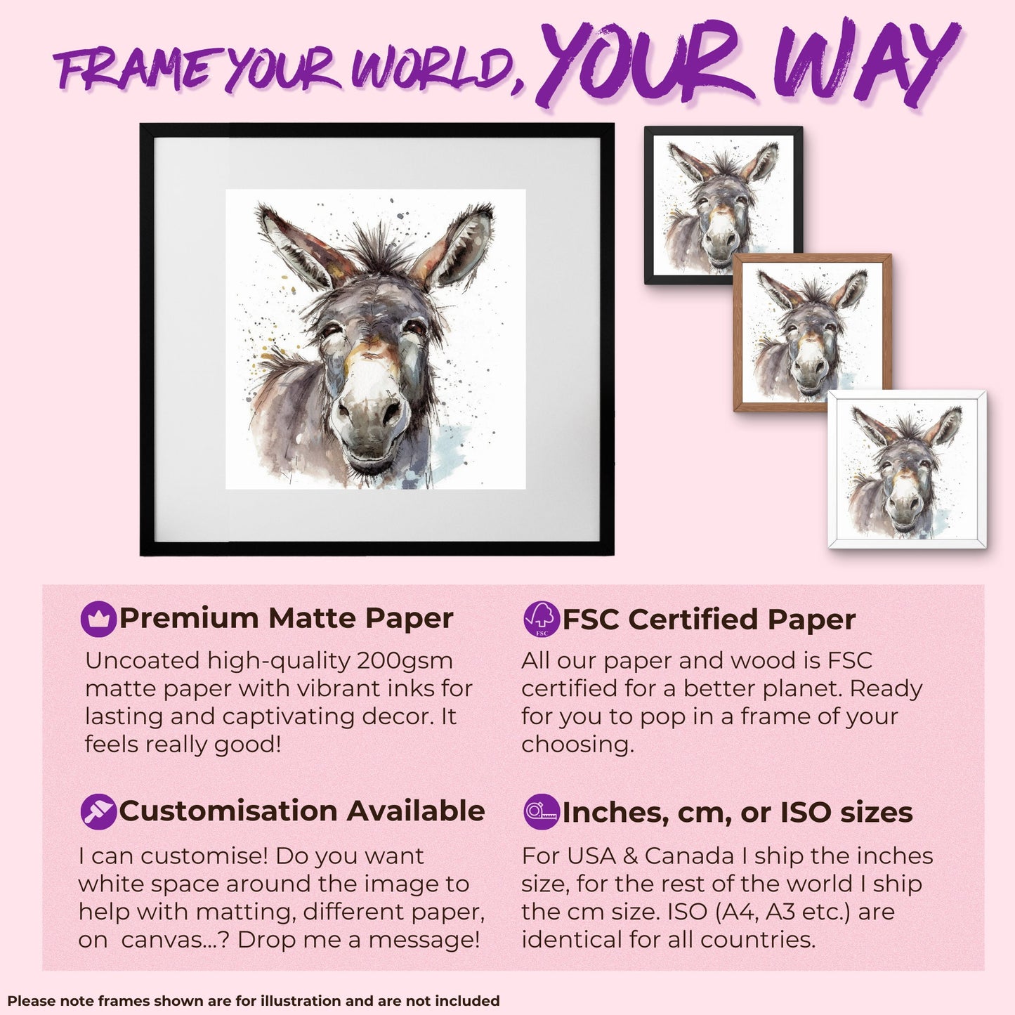 Happy Donkey Premium Print - Unframed Watercolor Poster - Wildlife Animal Wall Art, Farm Animal, Farmer Gift - CanvasityCrafts - Free Shipping