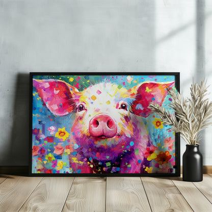 Colorful Pig Poster. Rainbow Animal Wall Art Floral Print. Gift for piglet lover, farmer, mom. Nursery Print, Bedroom Bathroom Office Art - CanvasityCrafts - Free Shipping