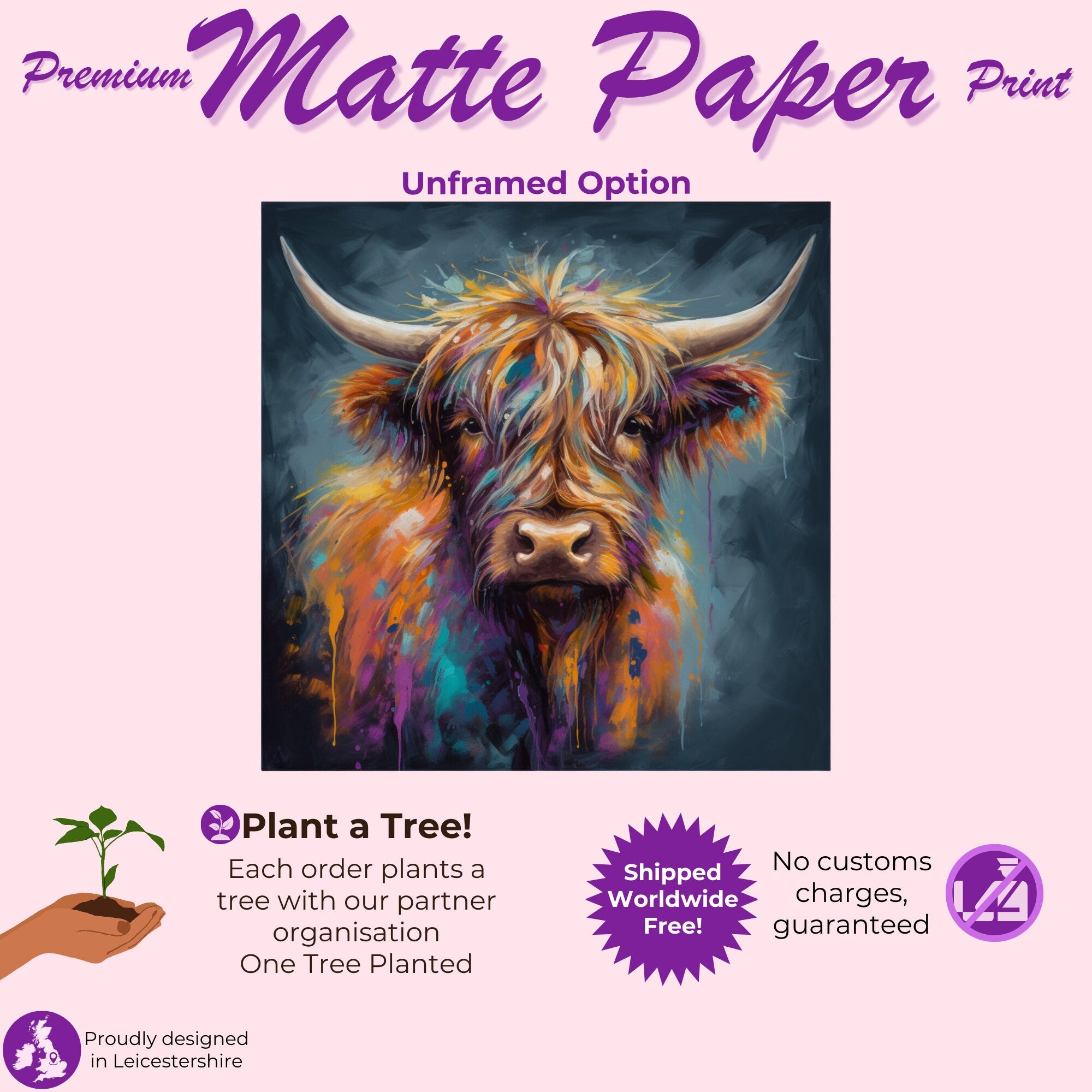 Highland Cow Portrait - Canvas Print, Pine Wooden Frame or Unframed Matte Paper Options - CanvasityCrafts - Free Shipping