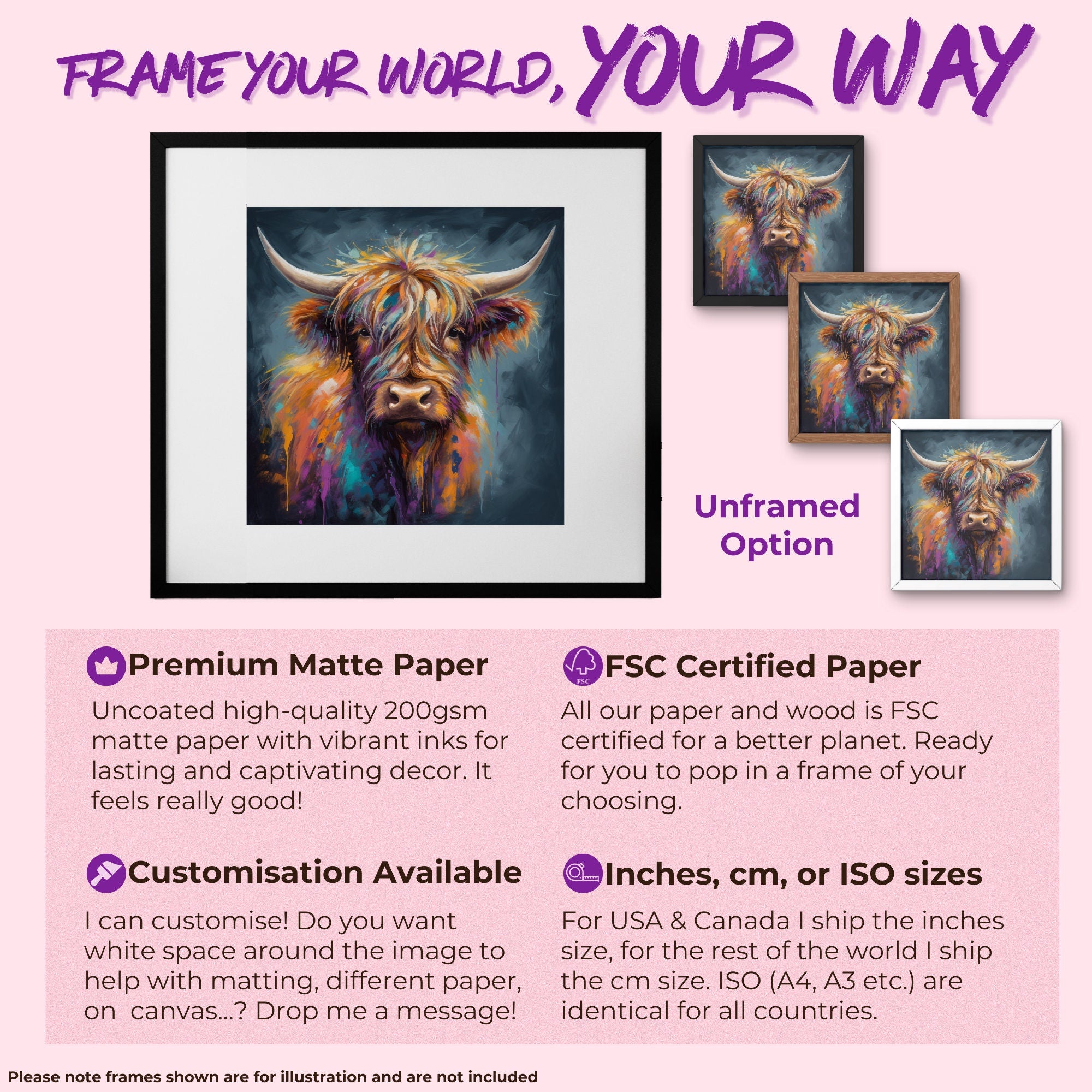 Highland Cow Portrait - Canvas Print, Pine Wooden Frame or Unframed Matte Paper Options - CanvasityCrafts - Free Shipping