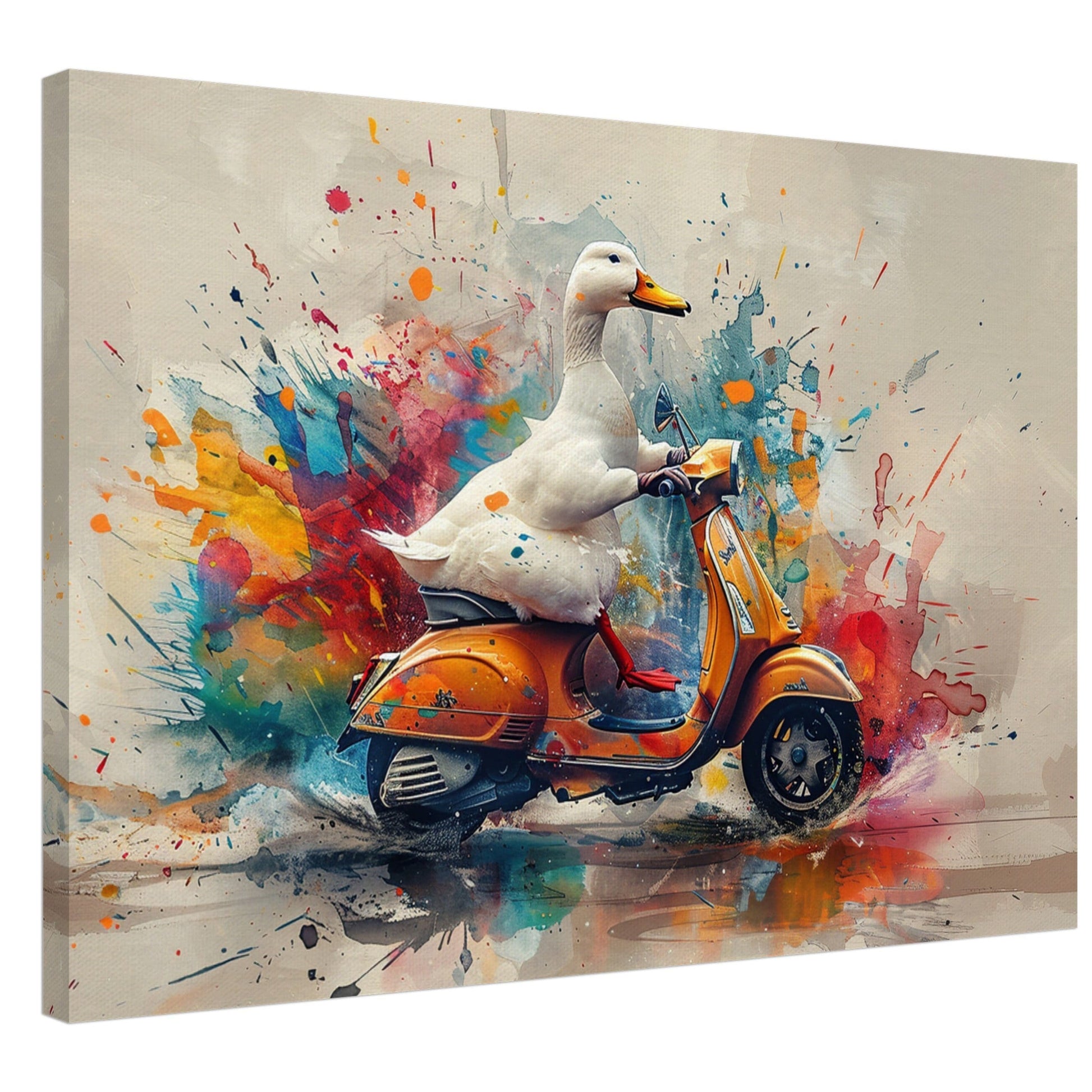 Duck Riding a Moped Canvas Print. Funny Bird Wall Art Gift for Scooter Riders, Avian Decor, Birds with Arms Paint Splash Painting - CanvasityCrafts - Free Shipping