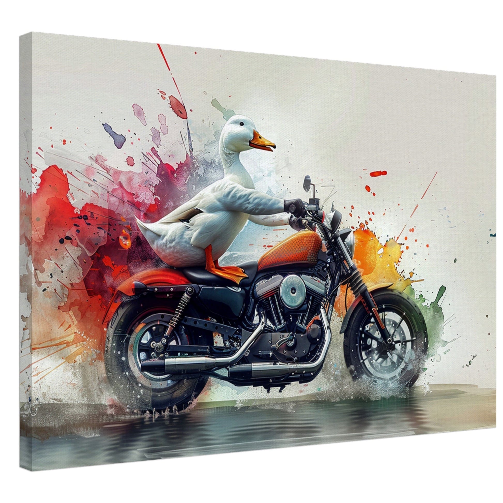 Funny Duck on a Motorbike Canvas Print. Funny Animal Wall Art Gift for Bikers, Motorcycle Owner, Bird Watchers. Paint Splash Painting - CanvasityCrafts - Free Shipping