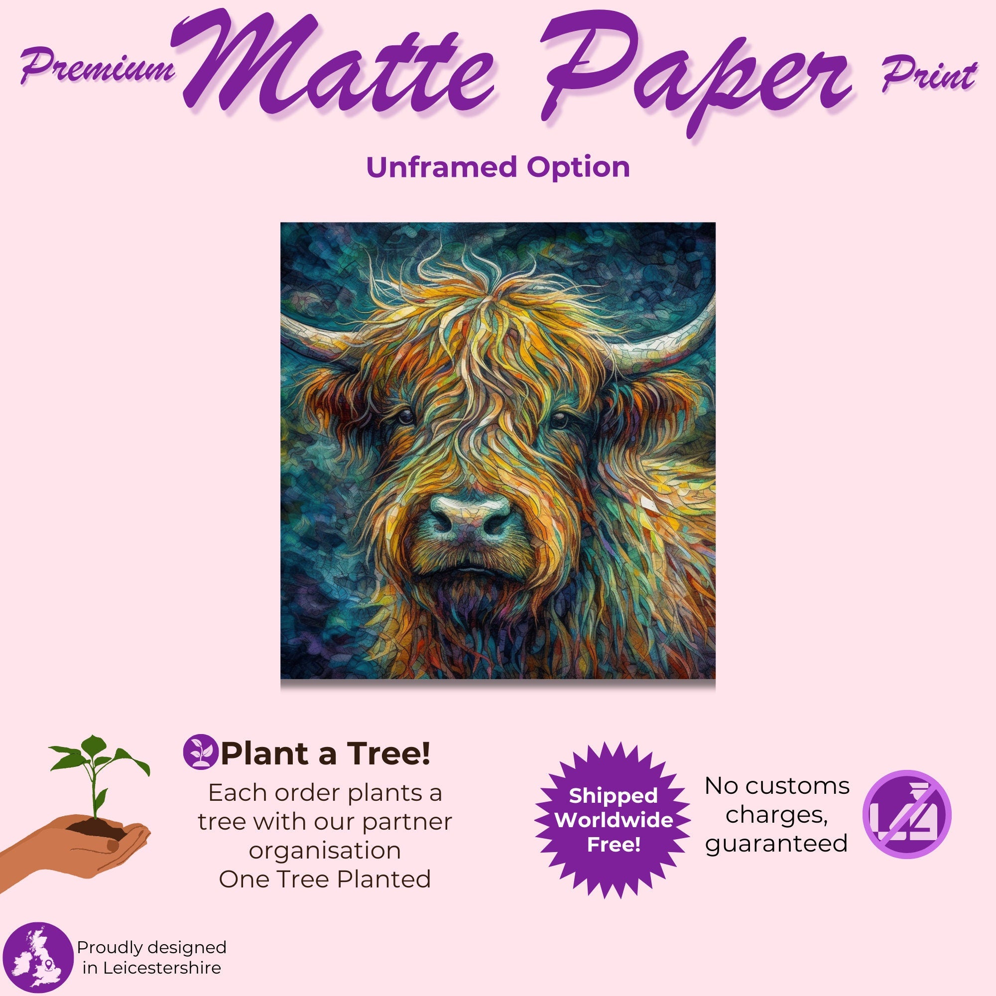 Highland Cow Portrait - Canvas Print, Pine Wooden Frame or Unframed Matte Paper Options - CanvasityCrafts - Free Shipping