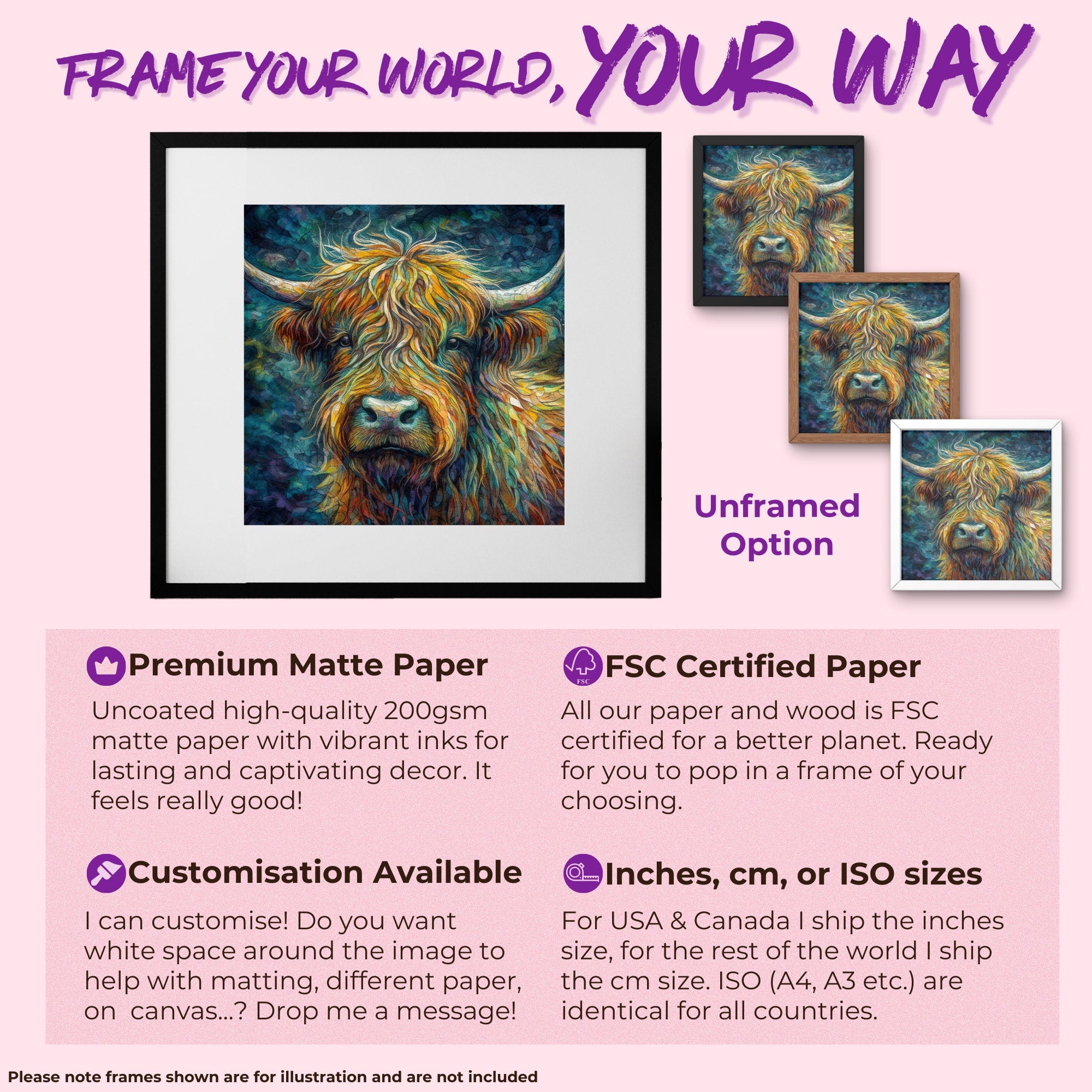 Highland Cow Portrait - Canvas Print, Pine Wooden Frame or Unframed Matte Paper Options - CanvasityCrafts - Free Shipping