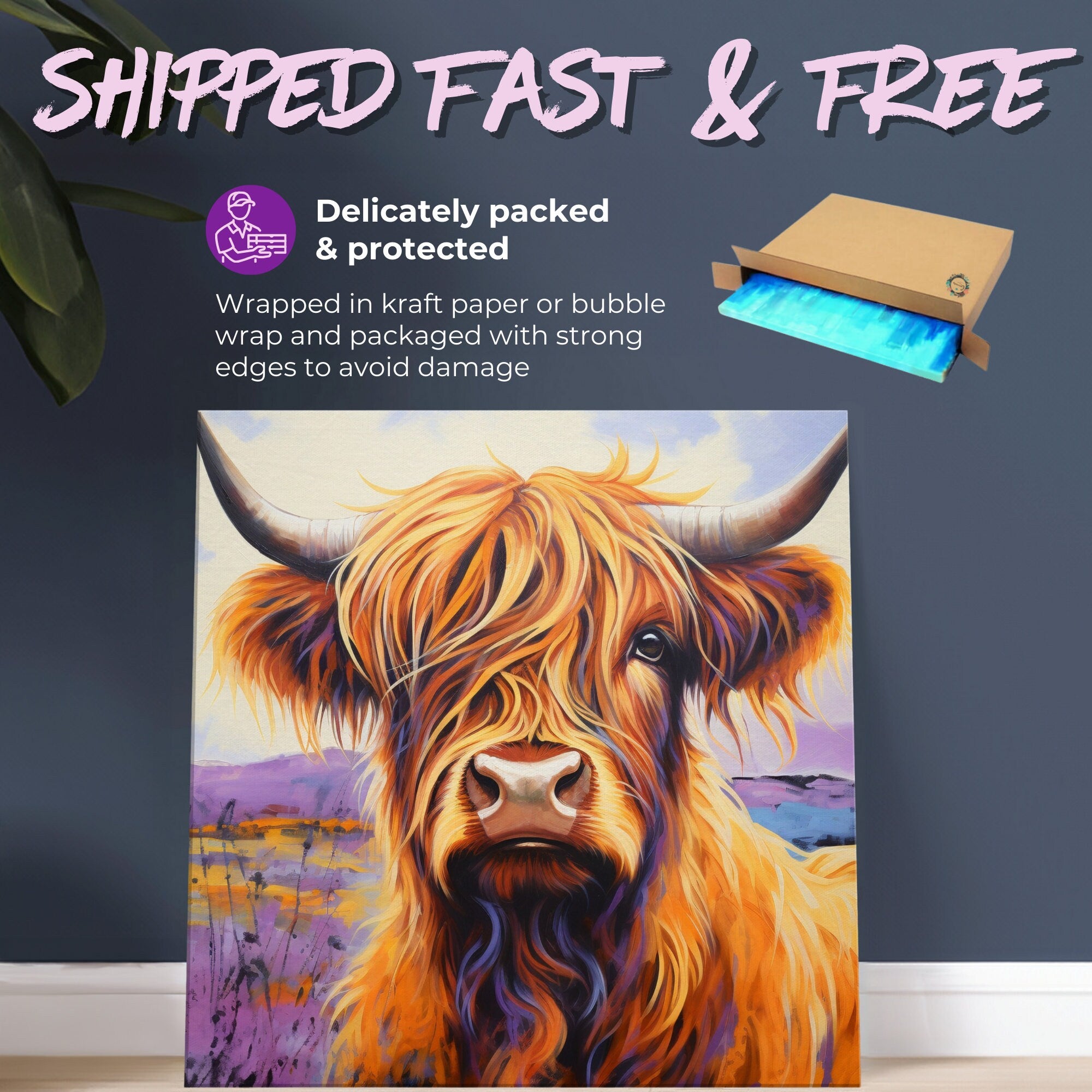 Highland Cow Canvas Print - Square. Lavender Wall Art Painting - CanvasityCrafts - Free Shipping