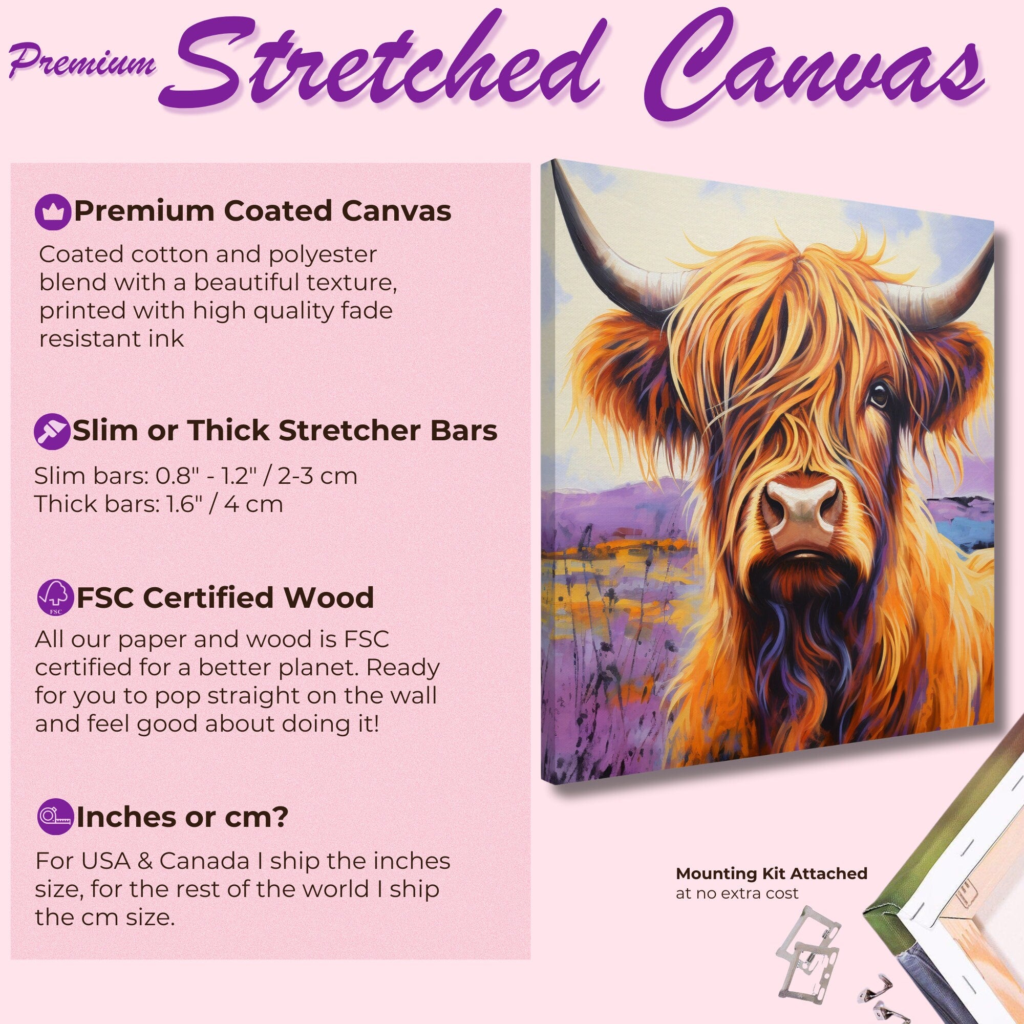 Highland Cow Canvas Print - Square. Lavender Wall Art Painting - CanvasityCrafts - Free Shipping