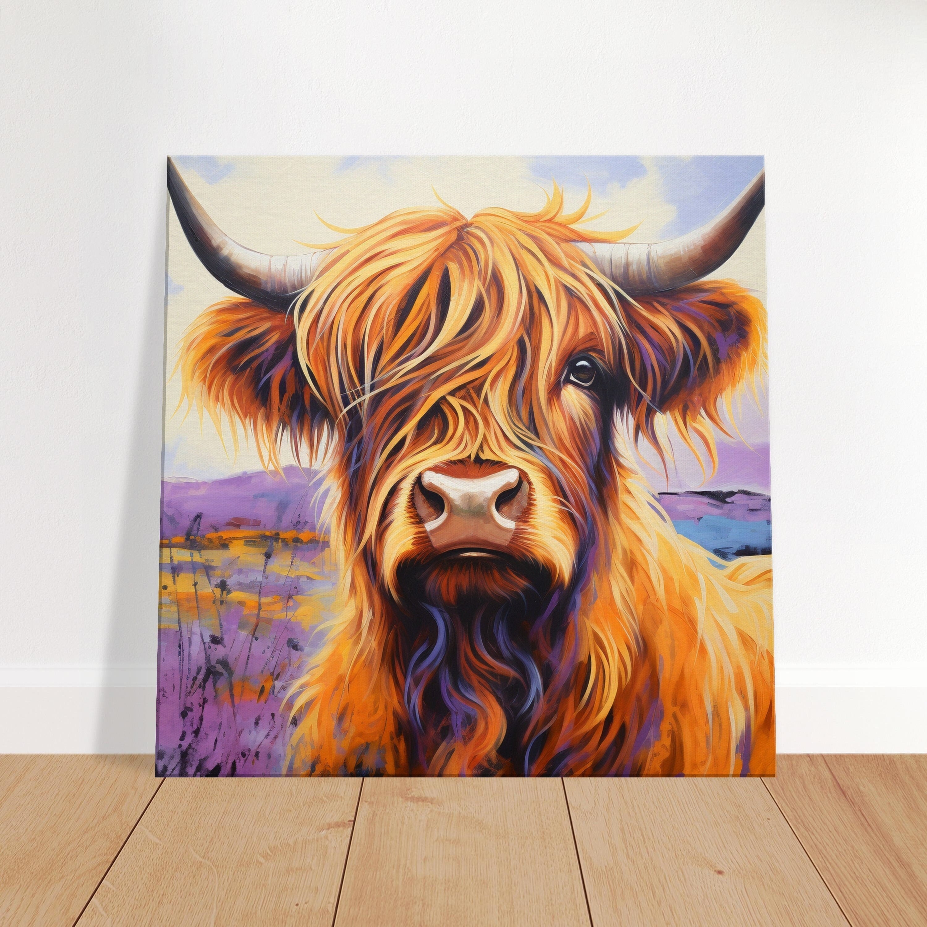 Highland Cow Canvas Print - Square. Lavender Wall Art Painting - CanvasityCrafts - Free Shipping