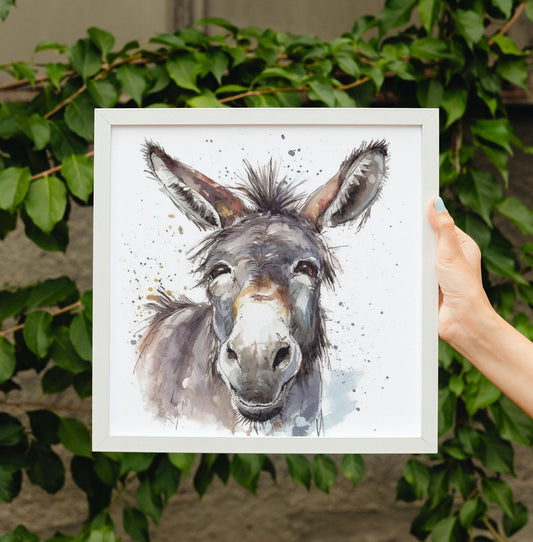 Happy Donkey Premium Print - Unframed Watercolor Poster - Wildlife Animal Wall Art, Farm Animal, Farmer Gift - CanvasityCrafts - Free Shipping