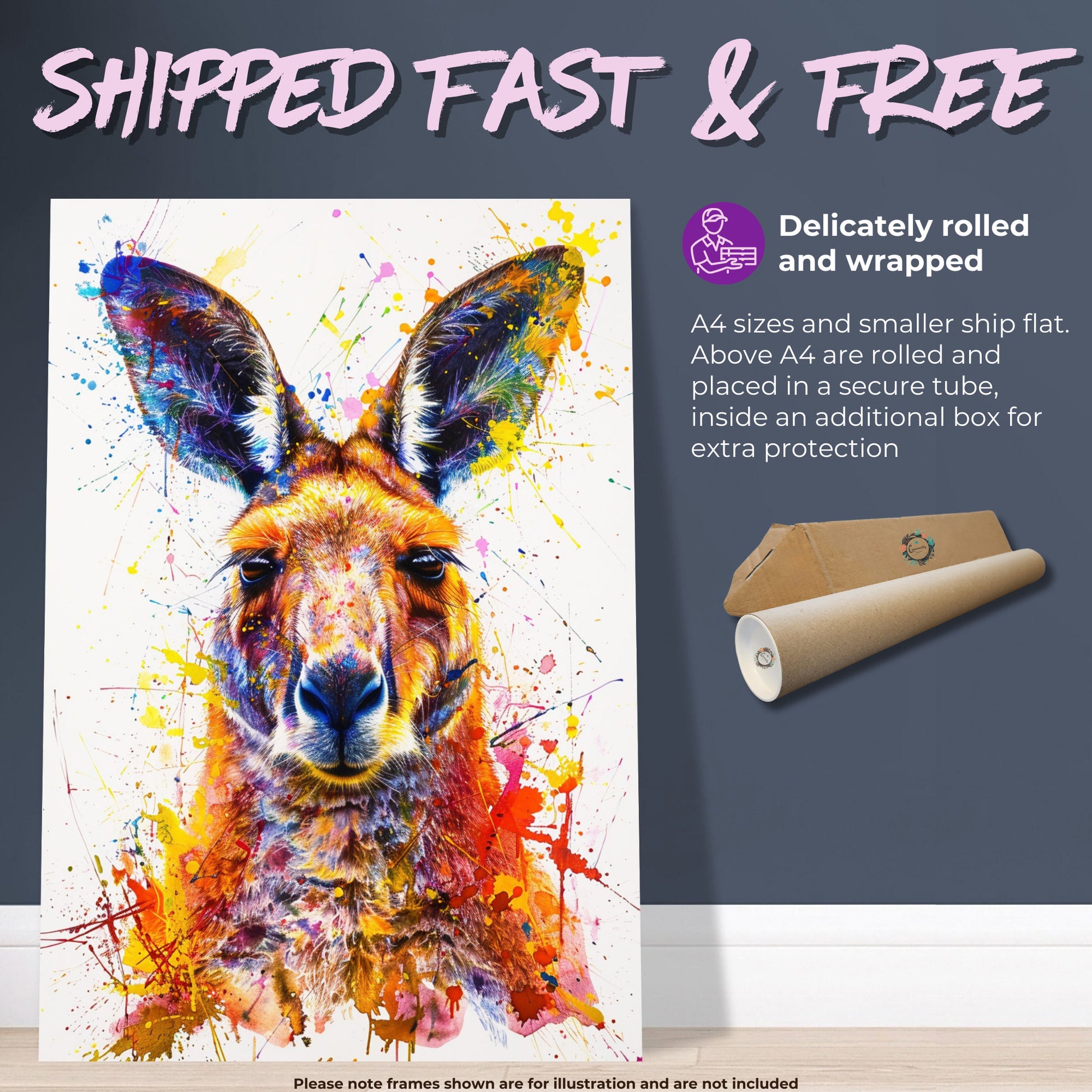 Paint Splash Kangaroo Poster Print. Abstract Watercolour Wall Decor Gift, Portrait Painting, Colourful Australian Animals, Joey, Wallaby Art - CanvasityCrafts - Free Shipping