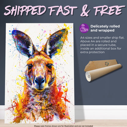 Paint Splash Kangaroo Poster Print. Abstract Watercolour Wall Decor Gift, Portrait Painting, Colourful Australian Animals, Joey, Wallaby Art - CanvasityCrafts - Free Shipping