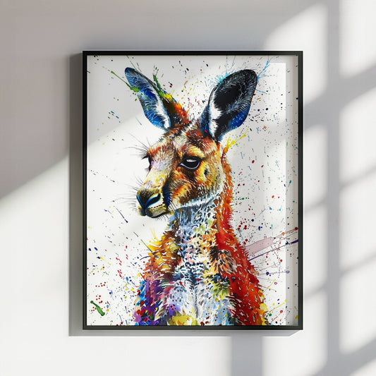 Paint Splash Kangaroo Poster Print. Abstract Watercolour Wall Decor Gift, Portrait Painting, Colourful Australian Animals, Joey, Wallaby Art - CanvasityCrafts - Free Shipping