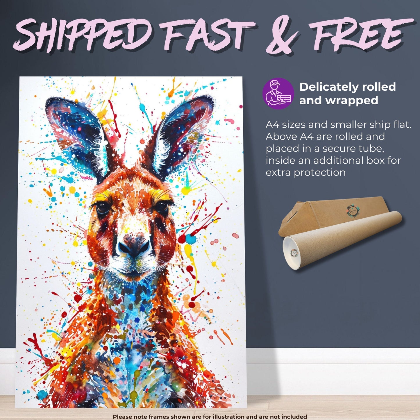 Paint Splash Kangaroo Poster Print. Abstract Watercolour Wall Decor Gift, Portrait Painting, Colourful Australian Animals, Joey, Wallaby Art - CanvasityCrafts - Free Shipping