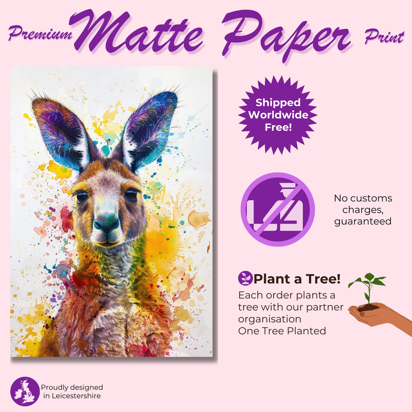 Paint Splash Kangaroo Poster Print. Abstract Watercolour Wall Decor Gift, Portrait Painting, Colourful Australian Animals, Joey, Wallaby Art - CanvasityCrafts - Free Shipping