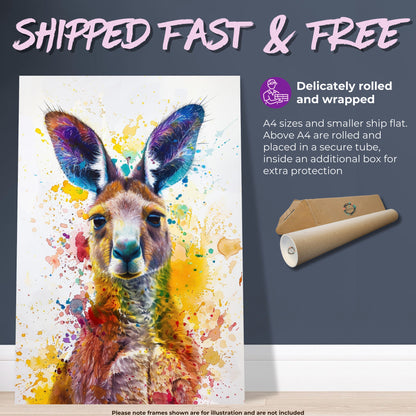 Paint Splash Kangaroo Poster Print. Abstract Watercolour Wall Decor Gift, Portrait Painting, Colourful Australian Animals, Joey, Wallaby Art - CanvasityCrafts - Free Shipping