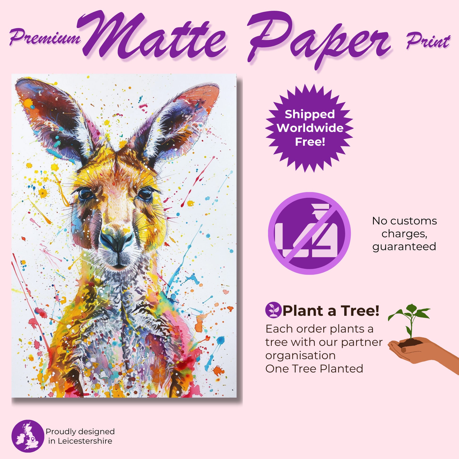 Paint Splash Kangaroo Poster Print. Abstract Watercolour Wall Decor Gift, Portrait Painting, Colourful Australian Animals, Joey, Wallaby Art - CanvasityCrafts - Free Shipping