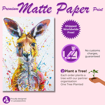 Paint Splash Kangaroo Poster Print. Abstract Watercolour Wall Decor Gift, Portrait Painting, Colourful Australian Animals, Joey, Wallaby Art - CanvasityCrafts - Free Shipping