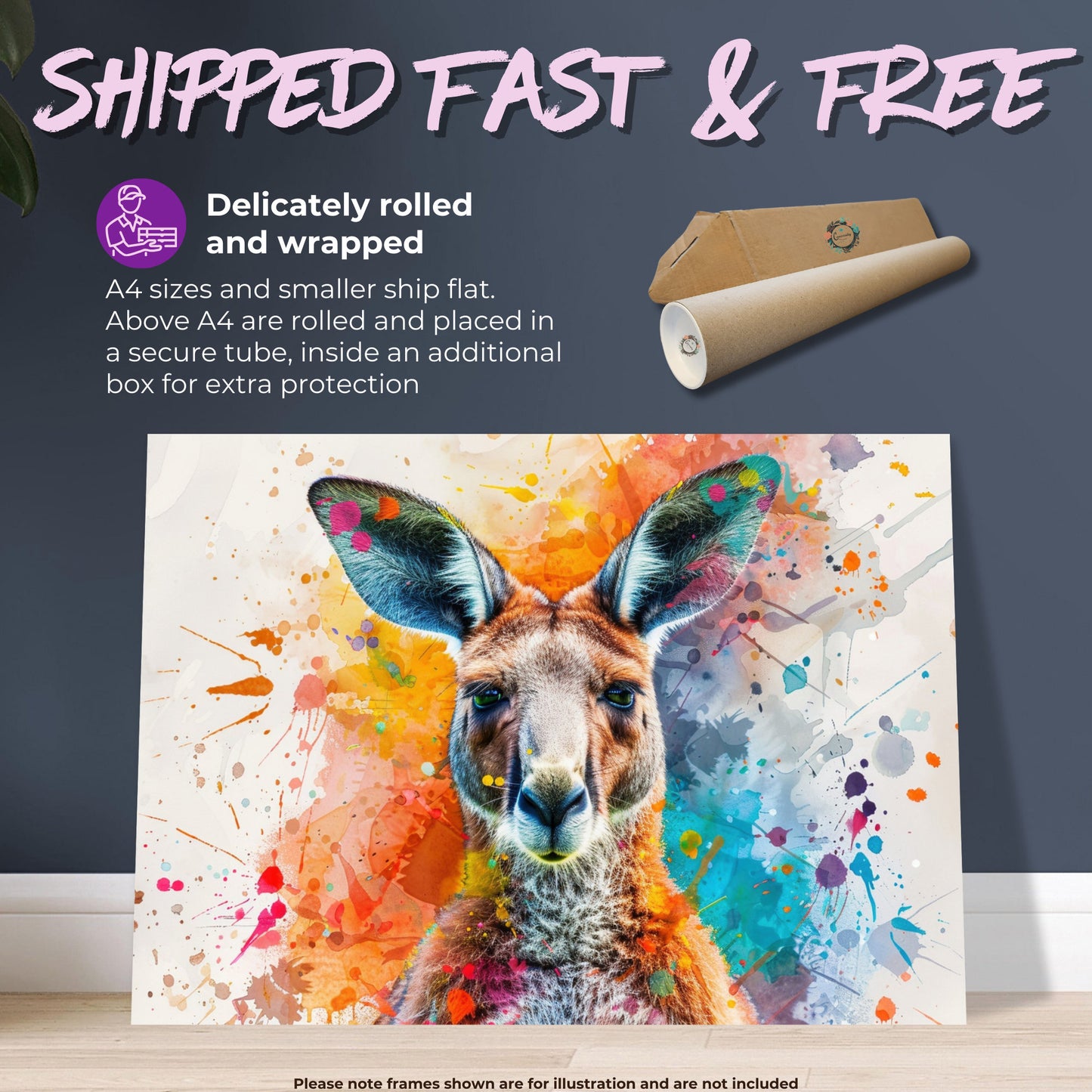 Paint Splash Kangaroo Poster Print. Abstract Watercolour Wall Decor Gift, Portrait Painting, Colourful Australian Animals, Joey, Wallaby Art - CanvasityCrafts - Free Shipping