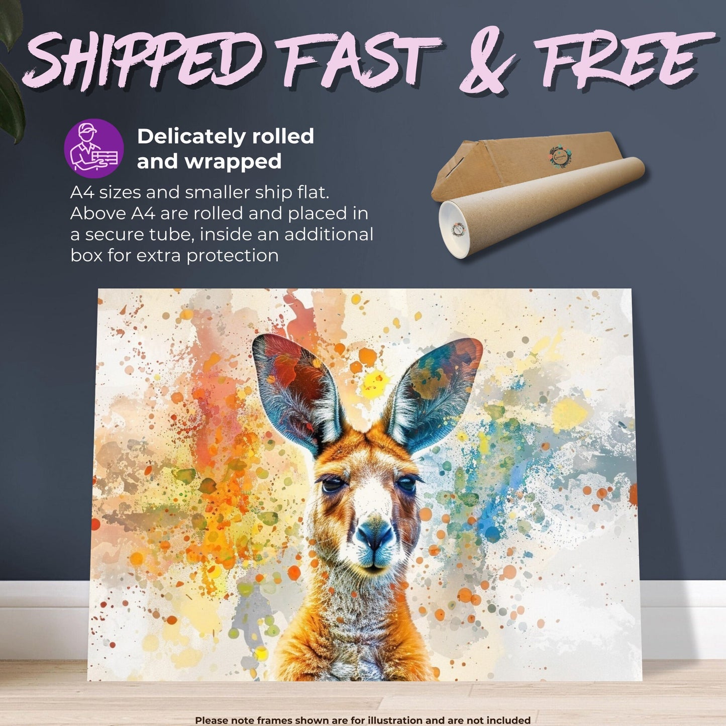 Paint Splash Kangaroo Poster Print. Abstract Watercolour Wall Decor Gift, Portrait Painting, Colourful Australian Animals, Joey, Wallaby Art - CanvasityCrafts - Free Shipping