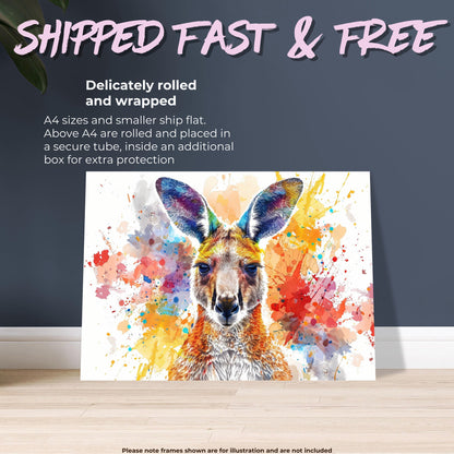 Paint Splash Kangaroo Poster Print. Abstract Watercolour Wall Decor Gift, Portrait Painting, Colourful Australian Animals, Joey, Wallaby Art - CanvasityCrafts - Free Shipping