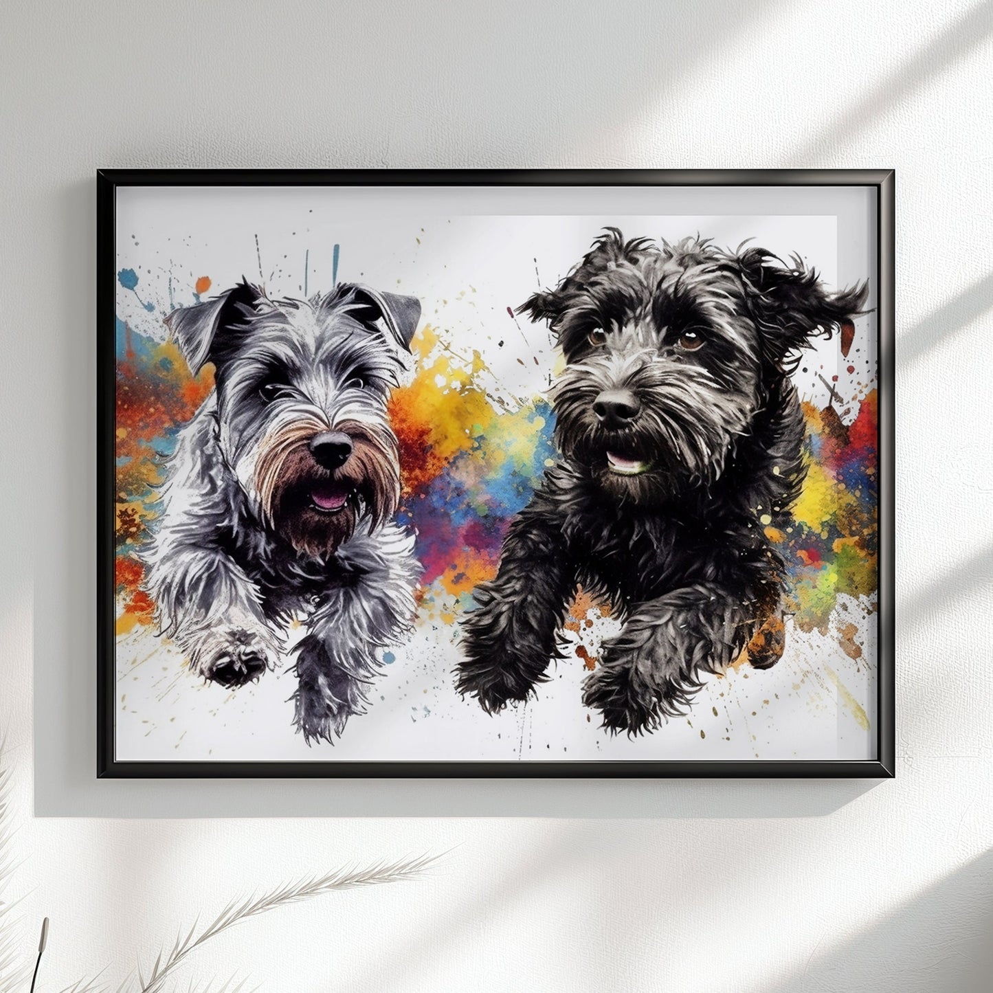 Miniature Schnauzer & Schnoodle Watercolor Poster Print. Colorful Wall Art Gift for Dog Lovers, Doodle Mom or Dad, Paint Splash, Grey Back - CanvasityCrafts - Free Shipping