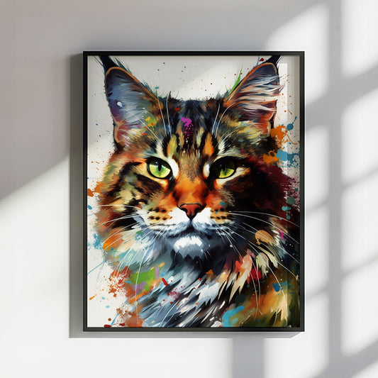 Watercolor Maine Coon Cat Poster Print. Abstract Wall Decor Cat Owner Gift, Portrait Painting, Colourful American Animal Art, Paint Splash - CanvasityCrafts - Free Shipping